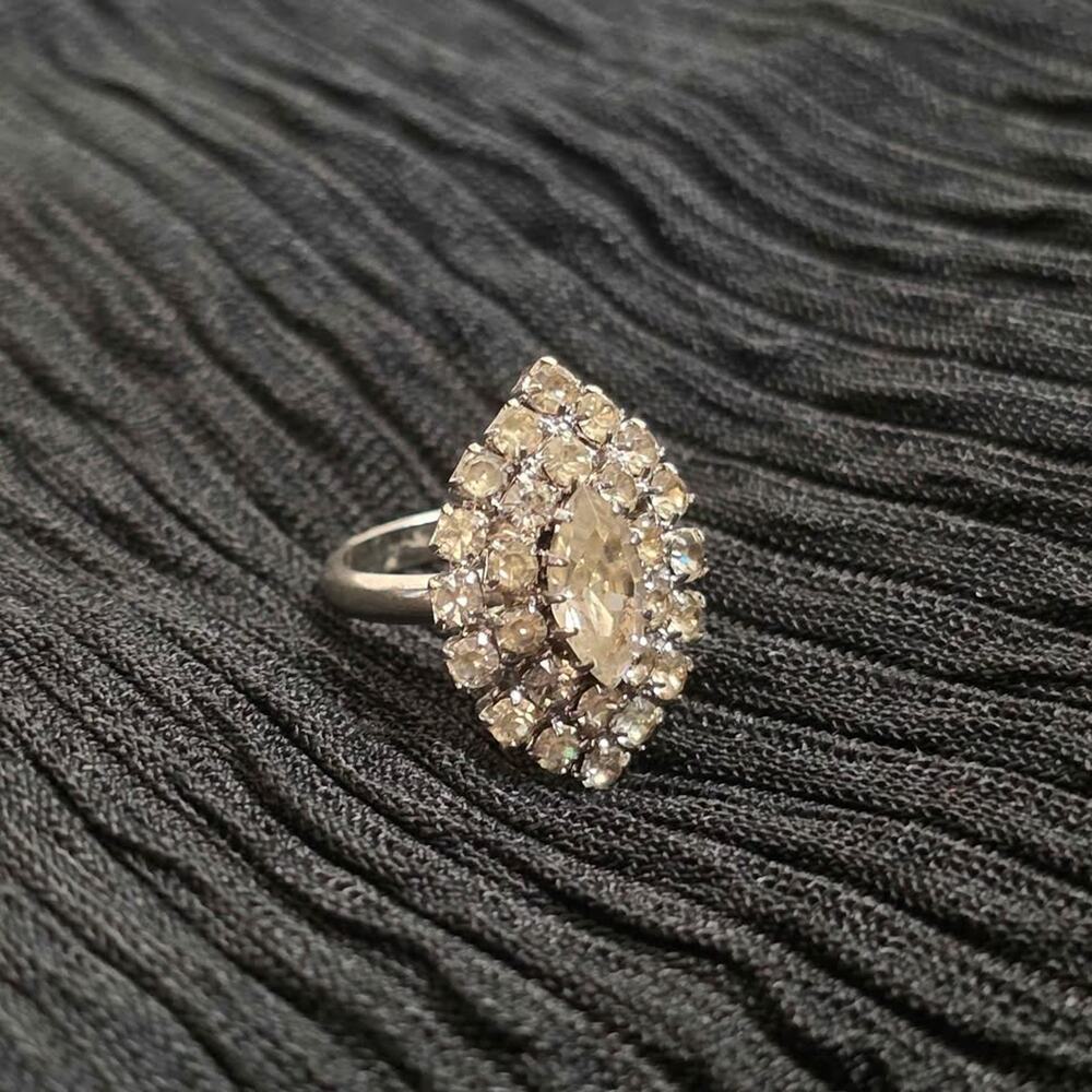 Vintage Marquise Rhinestone Ring Old Hollywood Statement Jewelry Adjustable